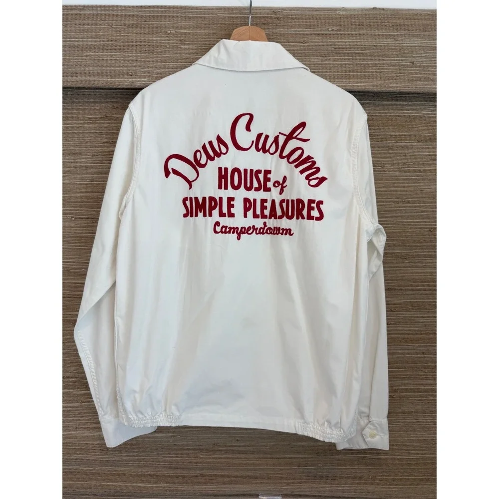 Deus Ex Machina Gulf Drizzler Jacket White Red Embroidered Moto Mechanic - S